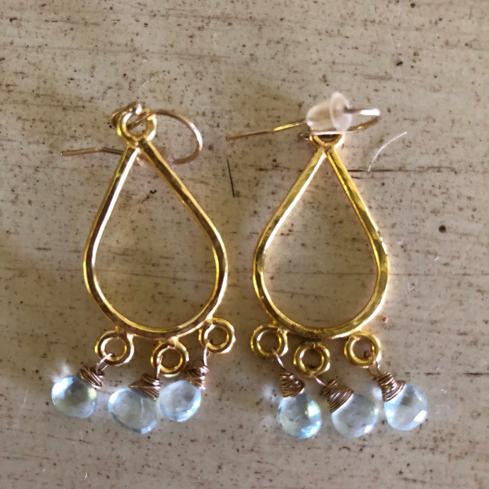 Gold Teardrop Earrings with Light Blue Gem Dangles